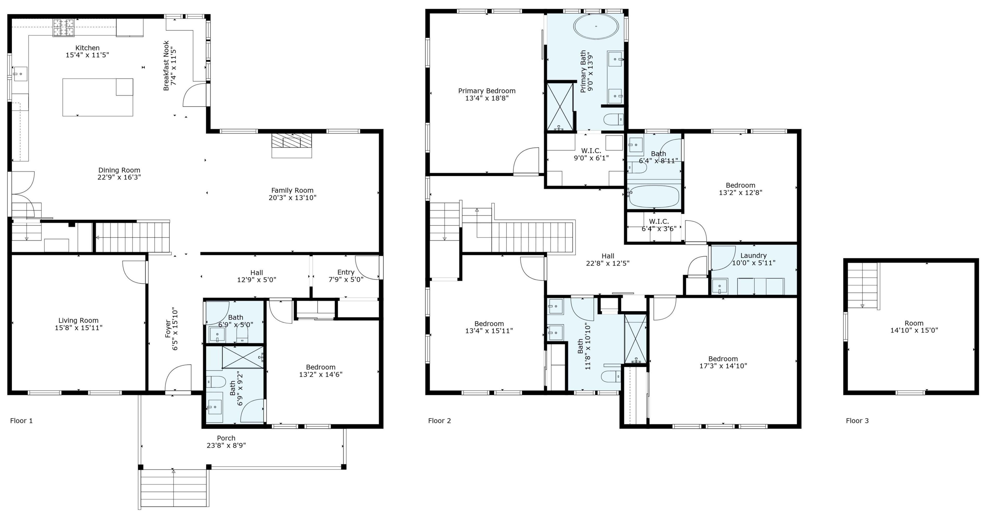 A floor plan with three bedrooms, a dining room, a kitchen, a living room, a bathroom, a hall, and a porch.