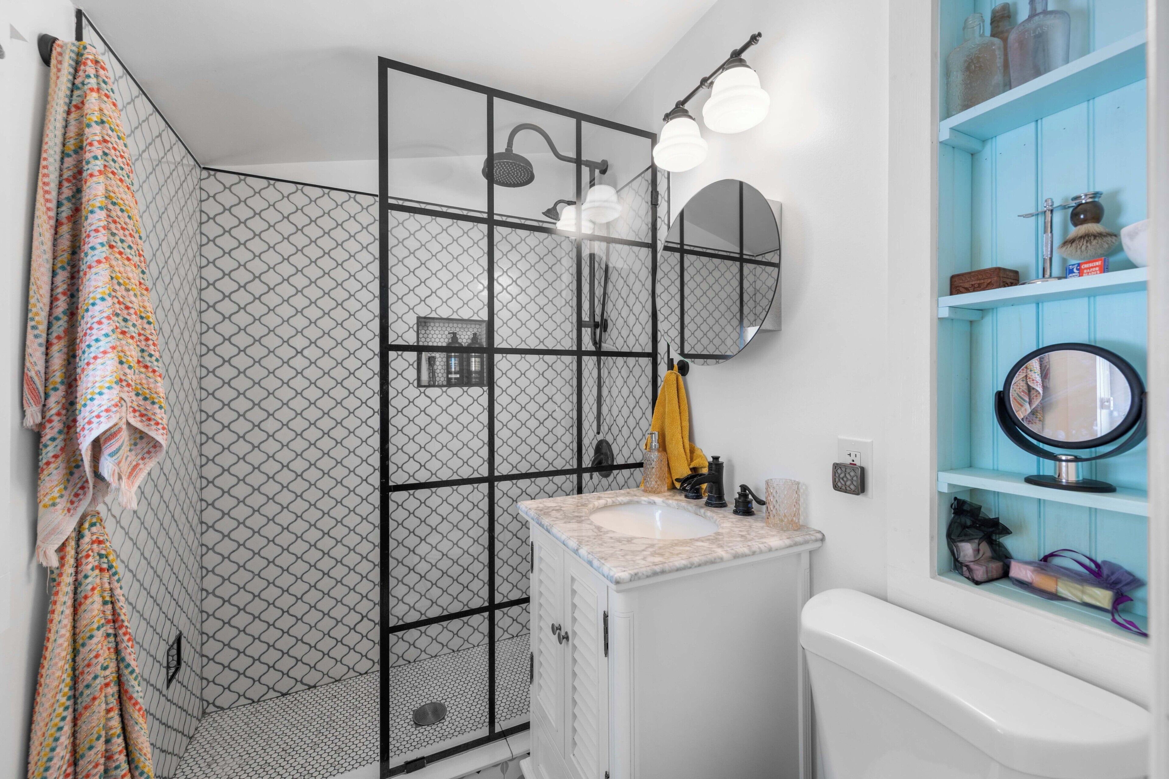 Hair dryer, towels, soap, toilet paper
