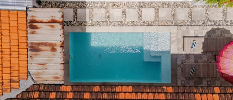 Outdoor pool, pool umbrellas, pool loungers