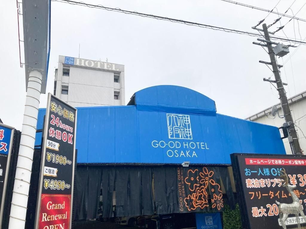 A blue building with 'GO-OD HOTEL OSAKA' signage.