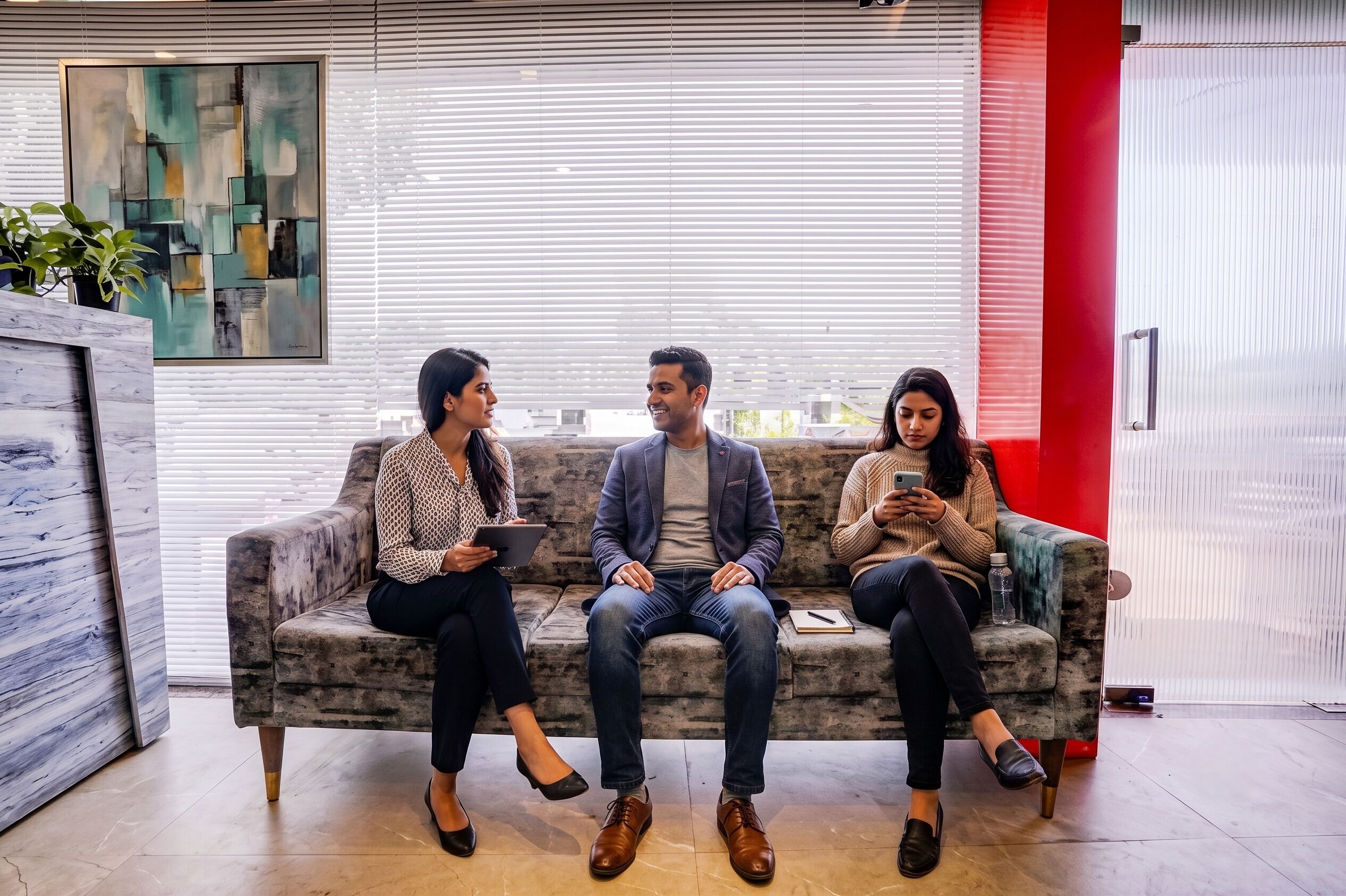 Tres personas sentadas en un sofá en un espacio interior moderno con un ventanal grande, una pared de acento rojo y una obra de arte abstracta en la pared.