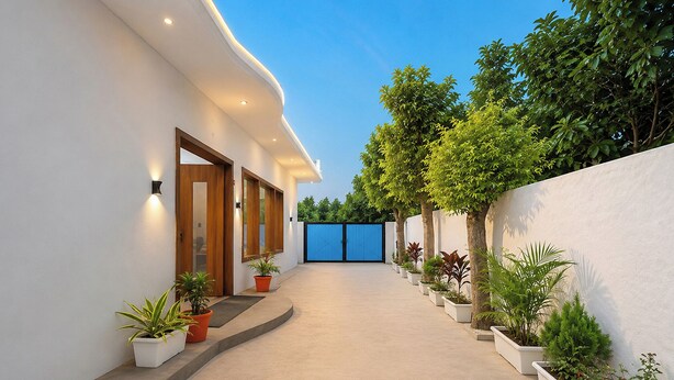 A modern building with a concrete pathway, potted plants, and a blue gate. - FabHotel The Dayals & Lawns - Nr. Ayodhya Dham Bus Station (Faizabad)
