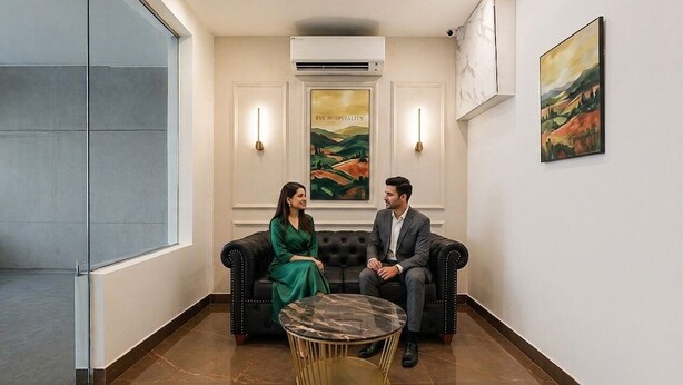 A room with a black leather sofa, a round table with a marble top, and a painting on the wall. - Fabhotel Rvc Hospitality (Pune)