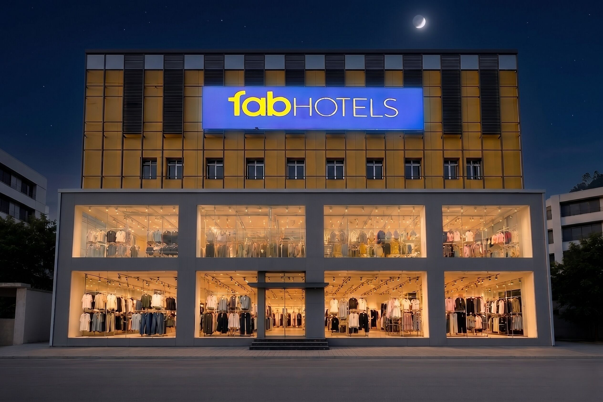 Un hotel con un cartel llamativo que dice 'fabHOTELS' y amplias ventanas de vidrio que muestran ropa.