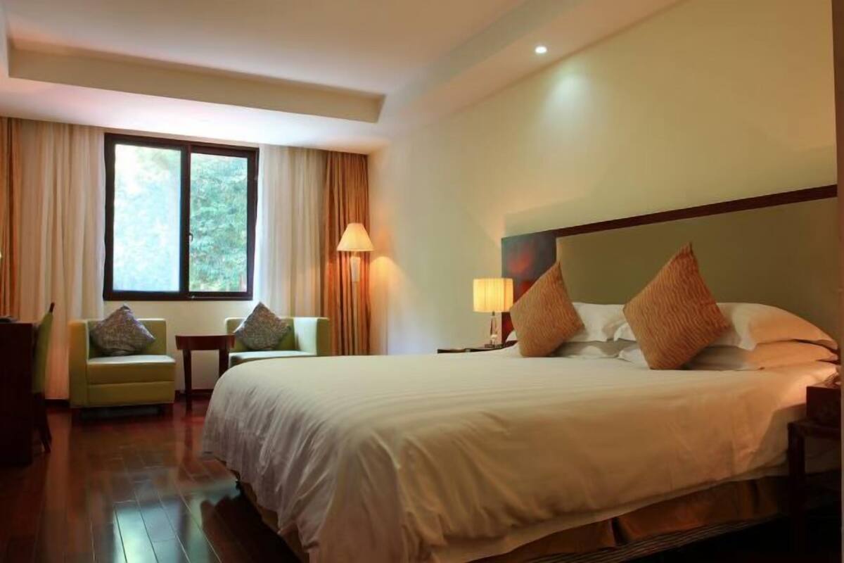 Habitación de hotel con cama, dos sillas, mesita de noche, lámpara y ventana con cortinas.