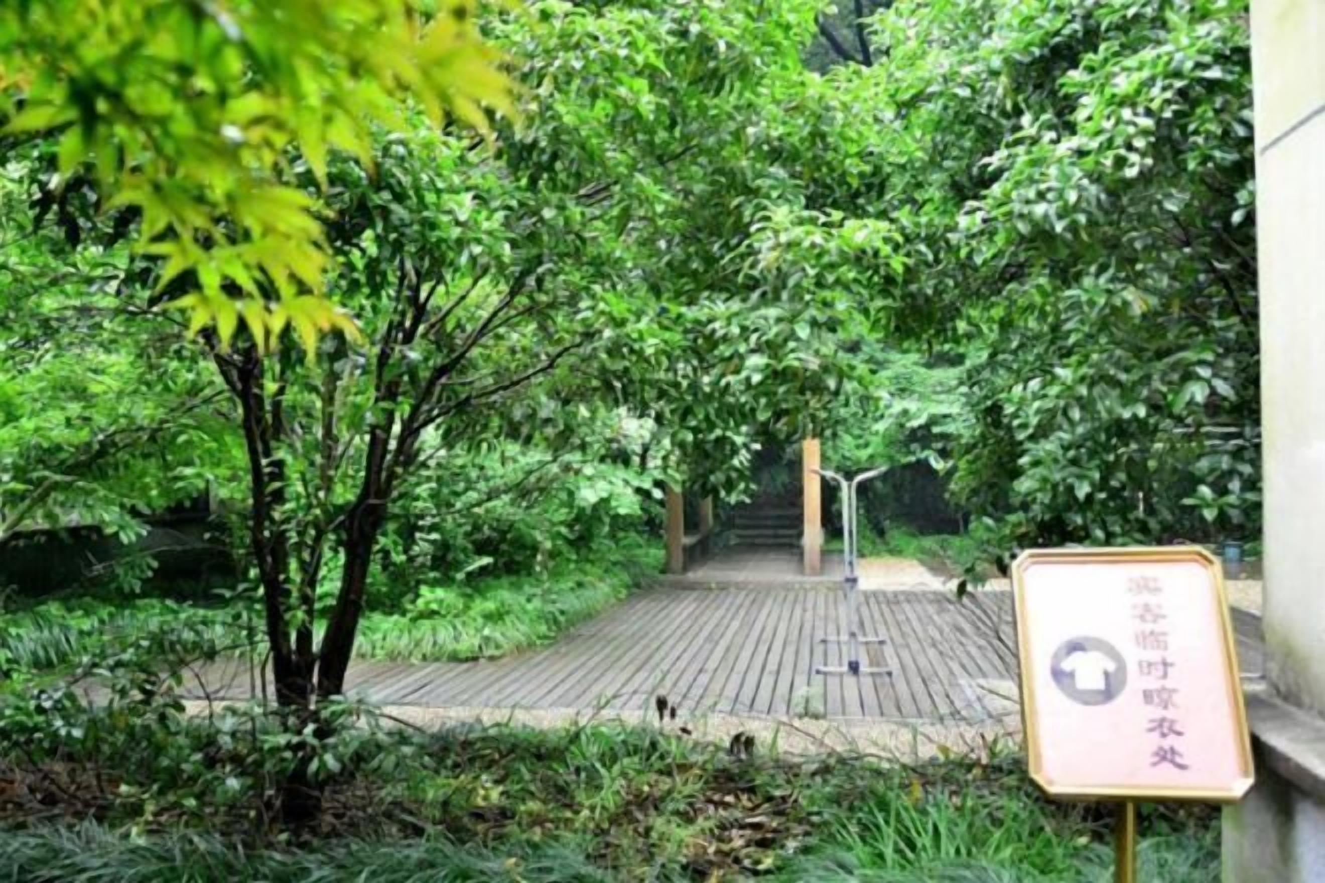 Un sendero que atraviesa un exuberante jardín, con un cartel que indica un lugar específico.