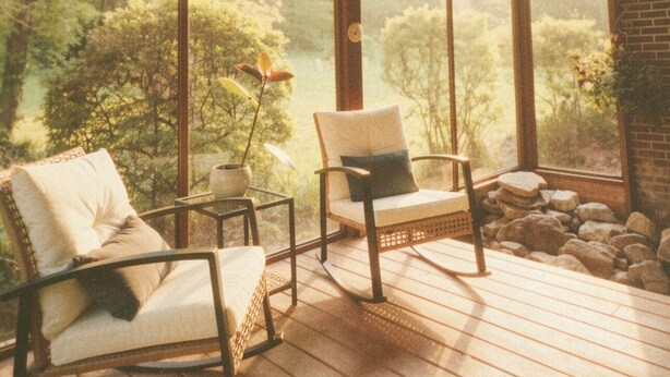 Ein überdachter Außenbereich mit zwei Stühlen und einem Tisch, mit Blick auf eine bewaldete Landschaft.