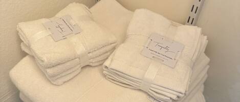 Hair dryer, towels, soap, toilet paper