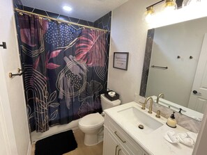 Hair dryer, towels, soap, toilet paper