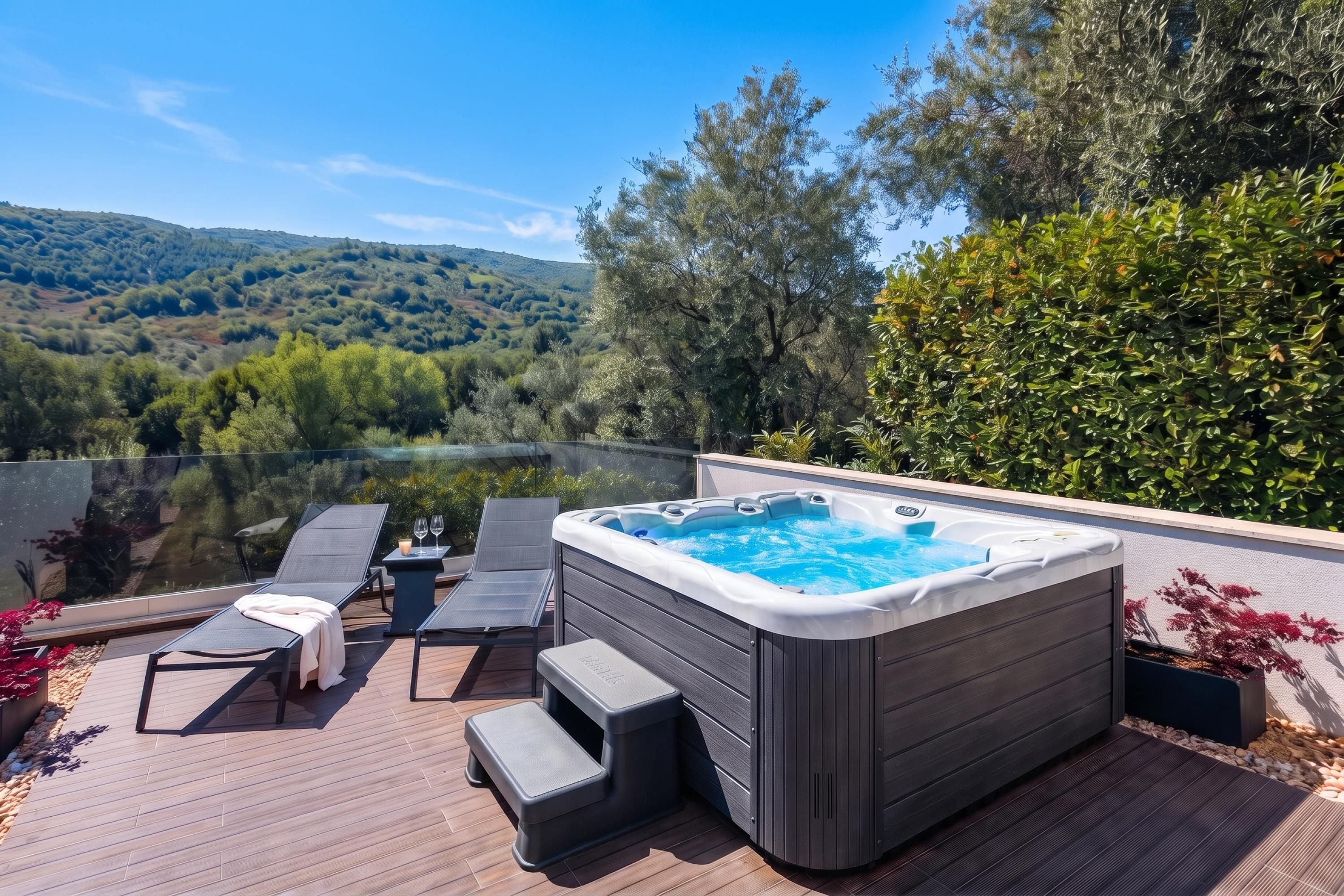 Un jacuzzi en una terraza con sillones reclinables y vistas a un lago y colinas.