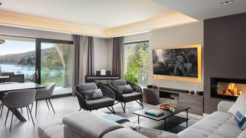 Family Villa, Multiple Bedrooms, Sea Facing (Villa Valmata Adriatic Pearl) | Living area | Fireplace
