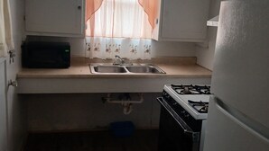 Una cocina compacta con lavamanos, estufa y alacenas.