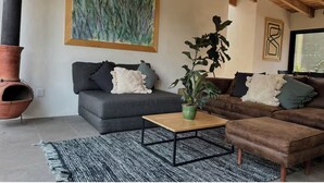 A living room with a grey sofa, a wooden coffee table, a large green plant, and a black and white rug.