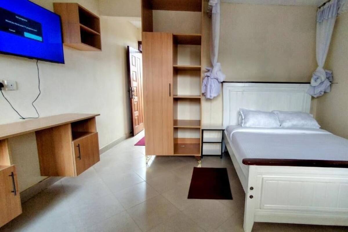 A bedroom with a bed, a TV, a wardrobe, and a shelf unit.