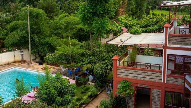 Ein Pool, umgeben von üppigem Grün, ein zweistöckiges Gebäude mit roter und weißer Fassade sowie eine Treppe, die zu der oberen Etage führt.
