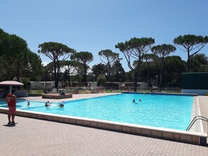 Ein Schwimmbecken mit klarem, blauem Wasser, umgeben von Bäumen und einer gefliesten Liegefläche.