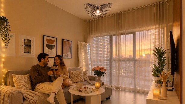A living room with a sofa, a coffee table, and a city view through large windows. - Downtown Dubai - Pool & Gym Access (Dubai)