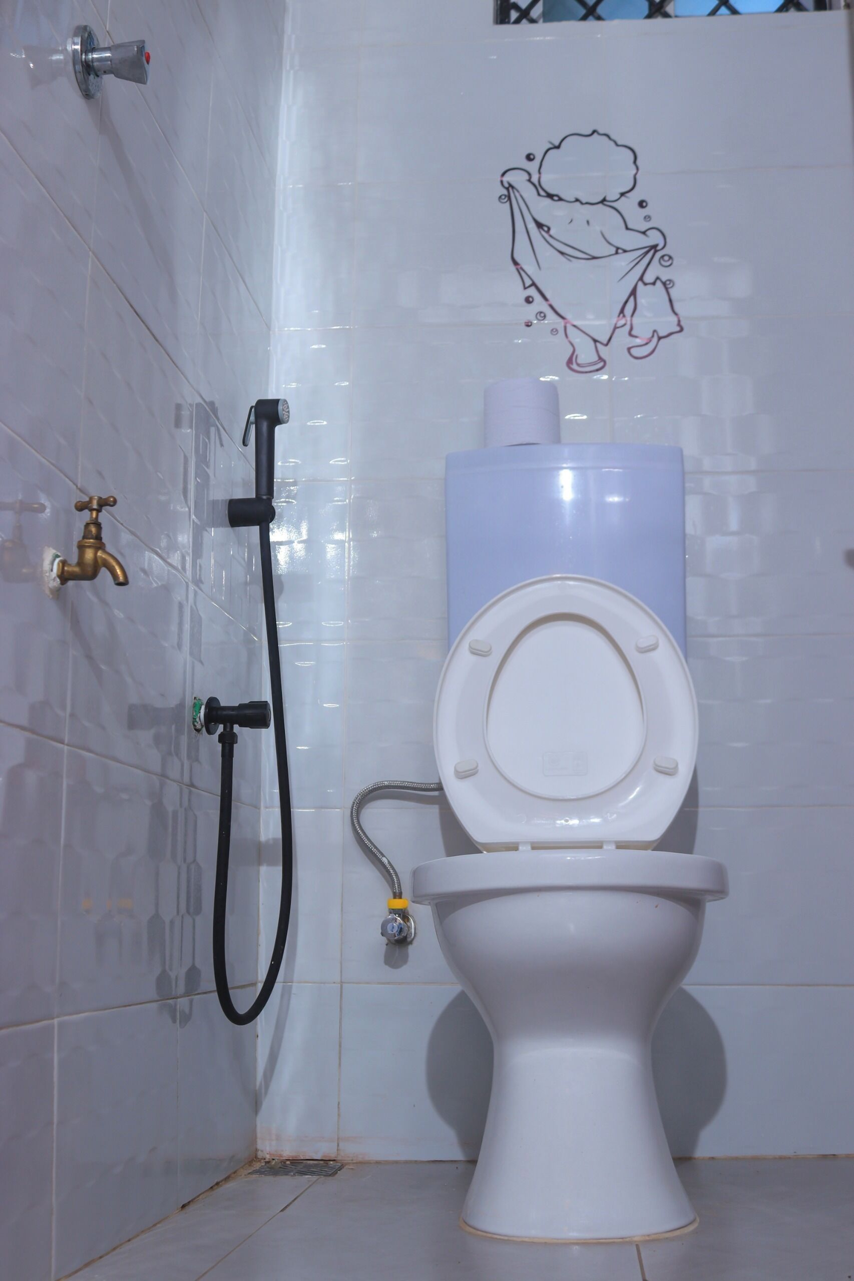 A bathroom with a toilet, a shower, and a faucet.