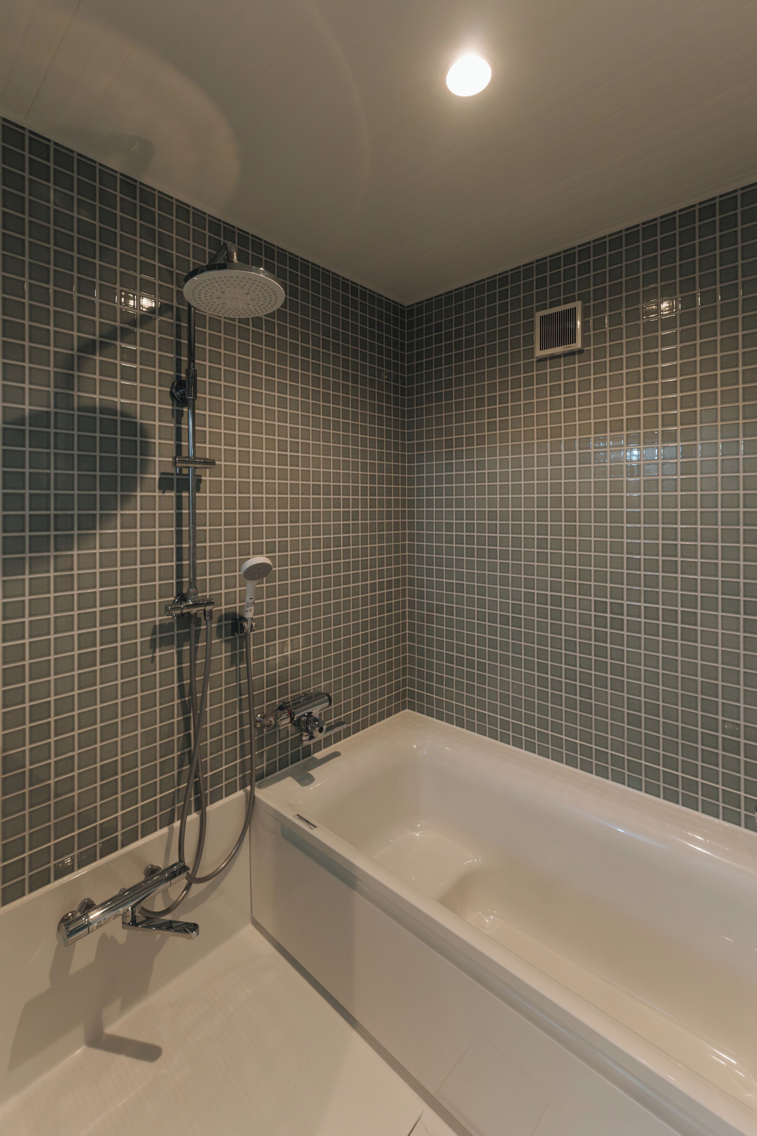 A bathroom with a bathtub, a showerhead, and a wall-mounted heater.