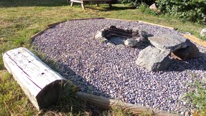 En trädgårdsdel med en eldstad omgiven av grus, en träbänk och ett picknickbord.