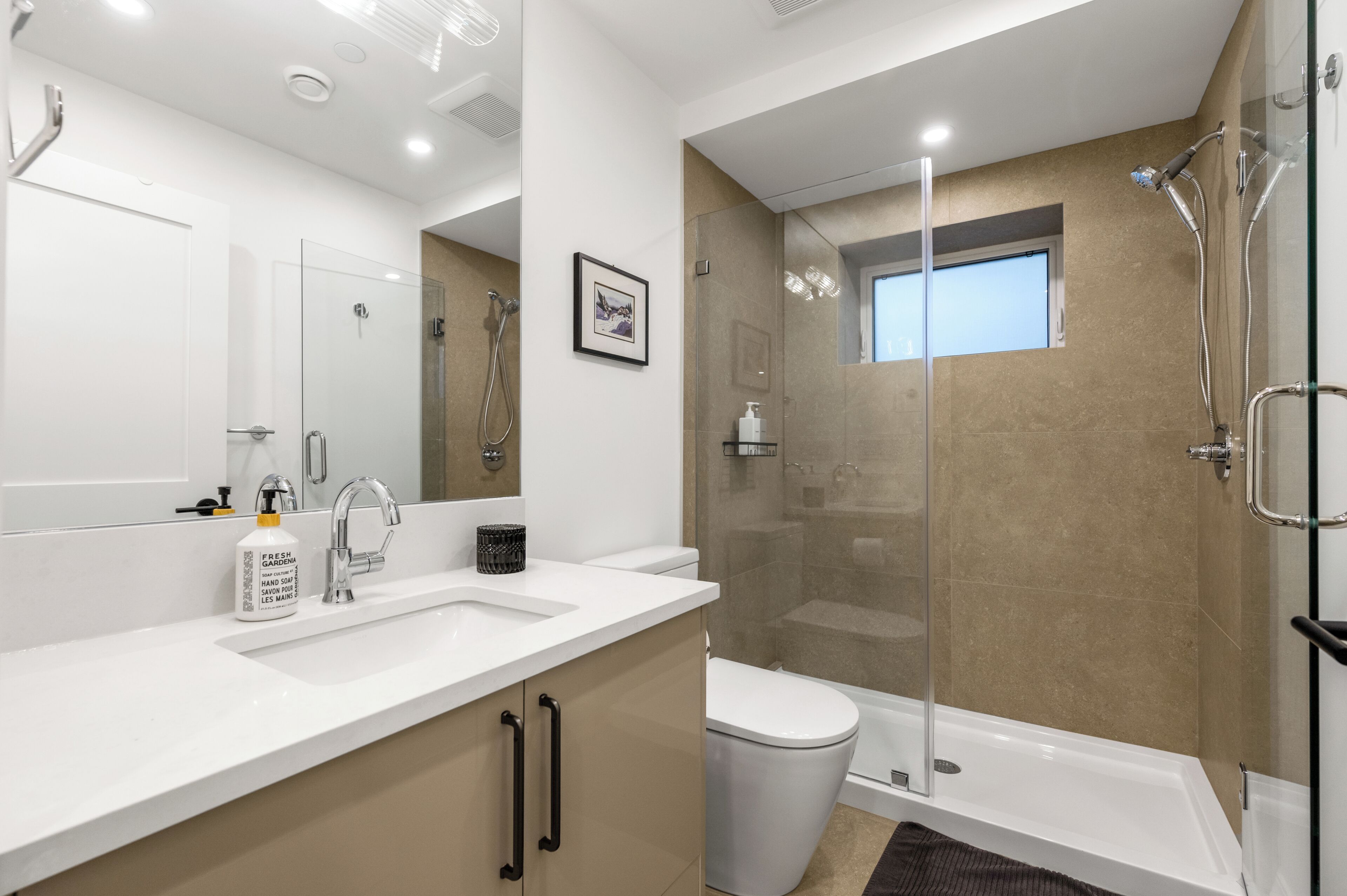 Hair dryer, towels, soap, toilet paper