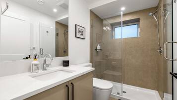 Hair dryer, towels, soap, toilet paper