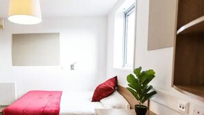 A room with a bed, a window, a plant, and a hanging light fixture. - Islington 2 (London)
