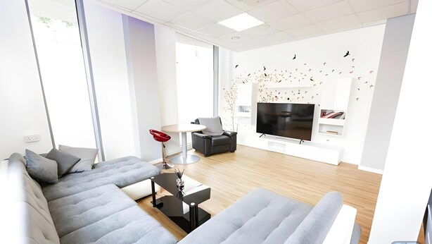 A modern living room with a sectional sofa, a round table, a flat-screen TV, and a decorative wall with birds. - Islington 2 (London)