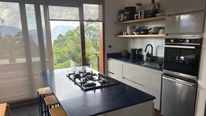 A modern kitchen with a central island, stainless steel appliances, and a view of mountains through large windows. - Stylish, bioclimatic family house (Envigado)