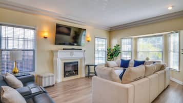 TV, fireplace, books