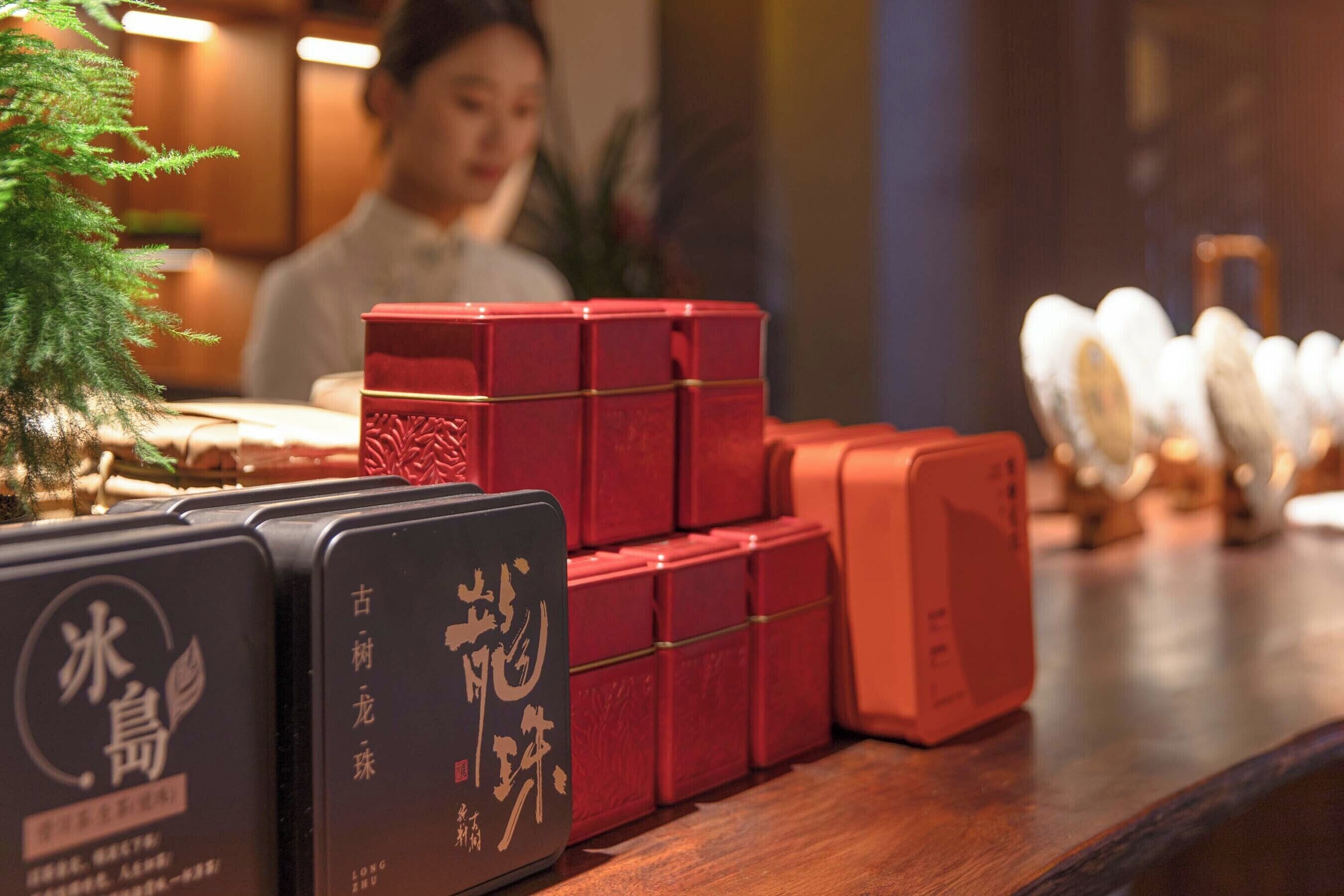 A wooden counter with red and black containers, a small potted plant, and a blurred figure in the background.