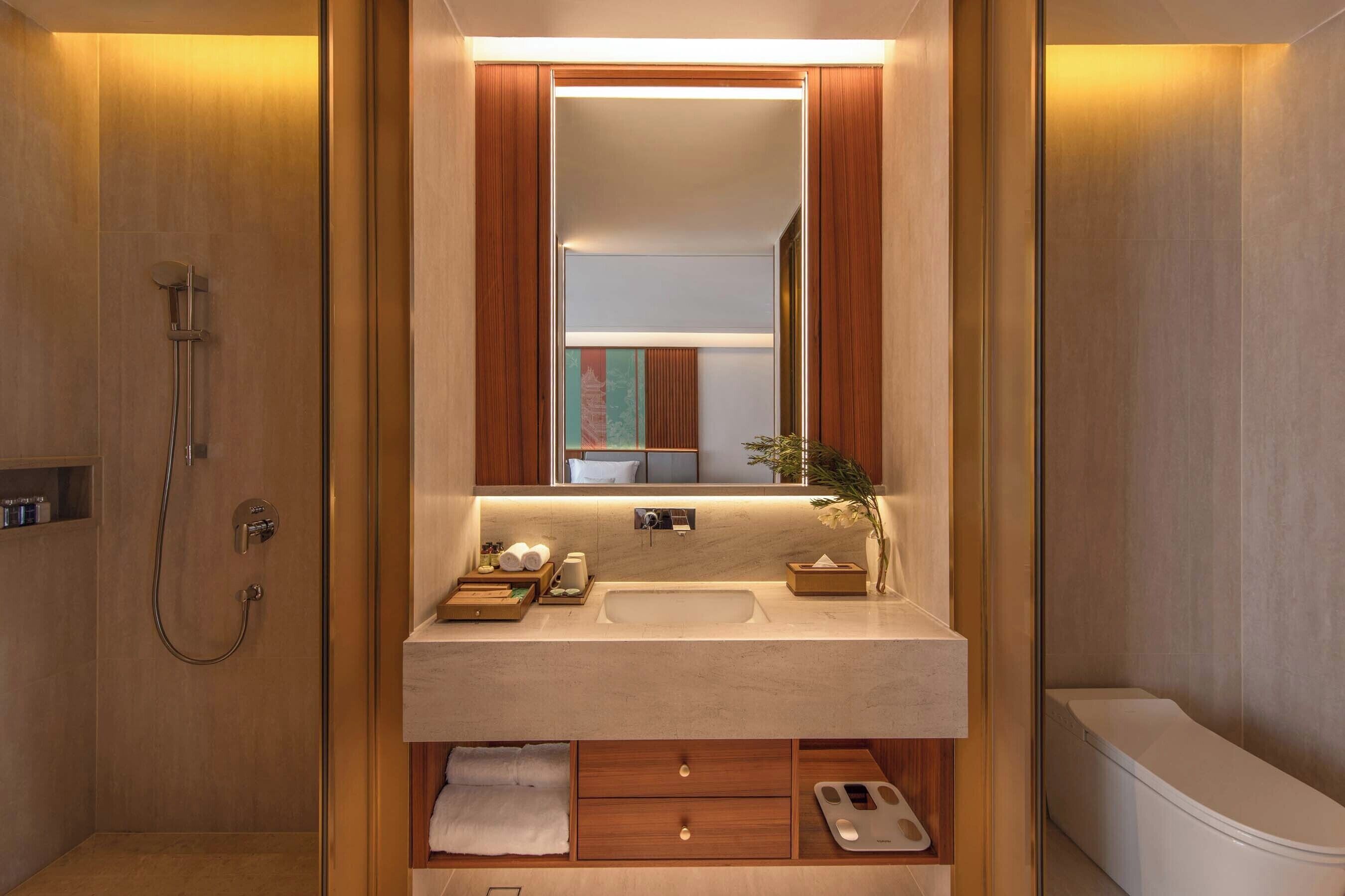A modern bathroom with a walk-in shower, a sink with a mirror above it, and a toilet.