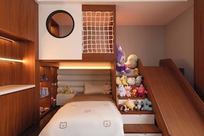 A compact room with a bunk bed, a small desk, and a shelf with plush toys. - Chinese-style garden resort hotel (Lijiang)