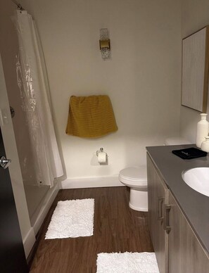Dusche, Haartrockner, Handtücher, Toilettenpapier