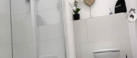 Dusche, Haartrockner, Handtücher, Seife