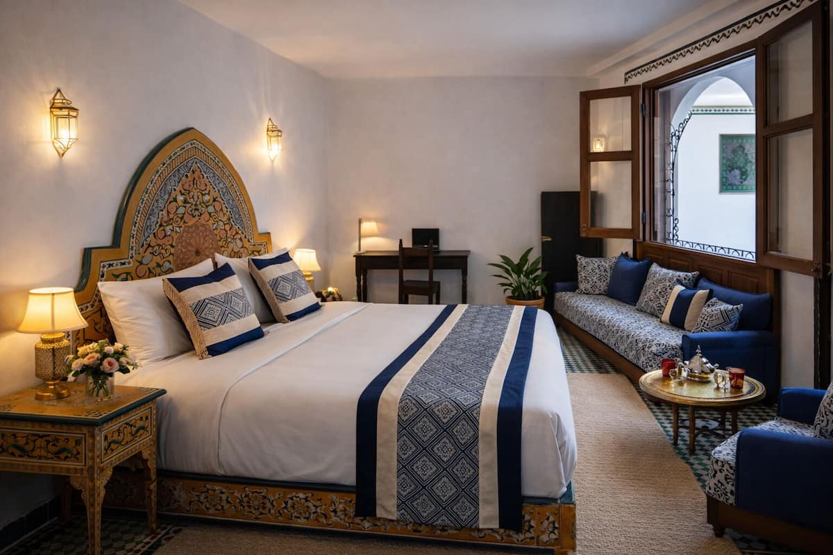 A hotel room with a large bed, a sofa, a small table, and decorative wall sconces.