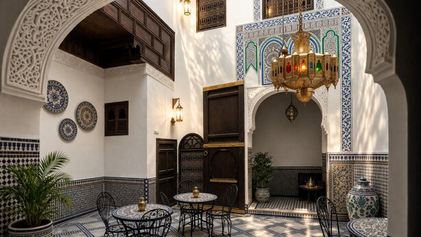 An interior courtyard with tiled floors, ornate arches, and traditional Moroccan decor. - Riad Symphony 808 (Fes)