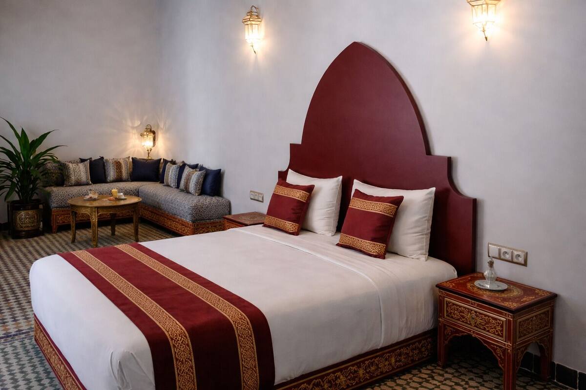 A hotel room with a large bed, a sofa, a small table, and two wall-mounted lamps.