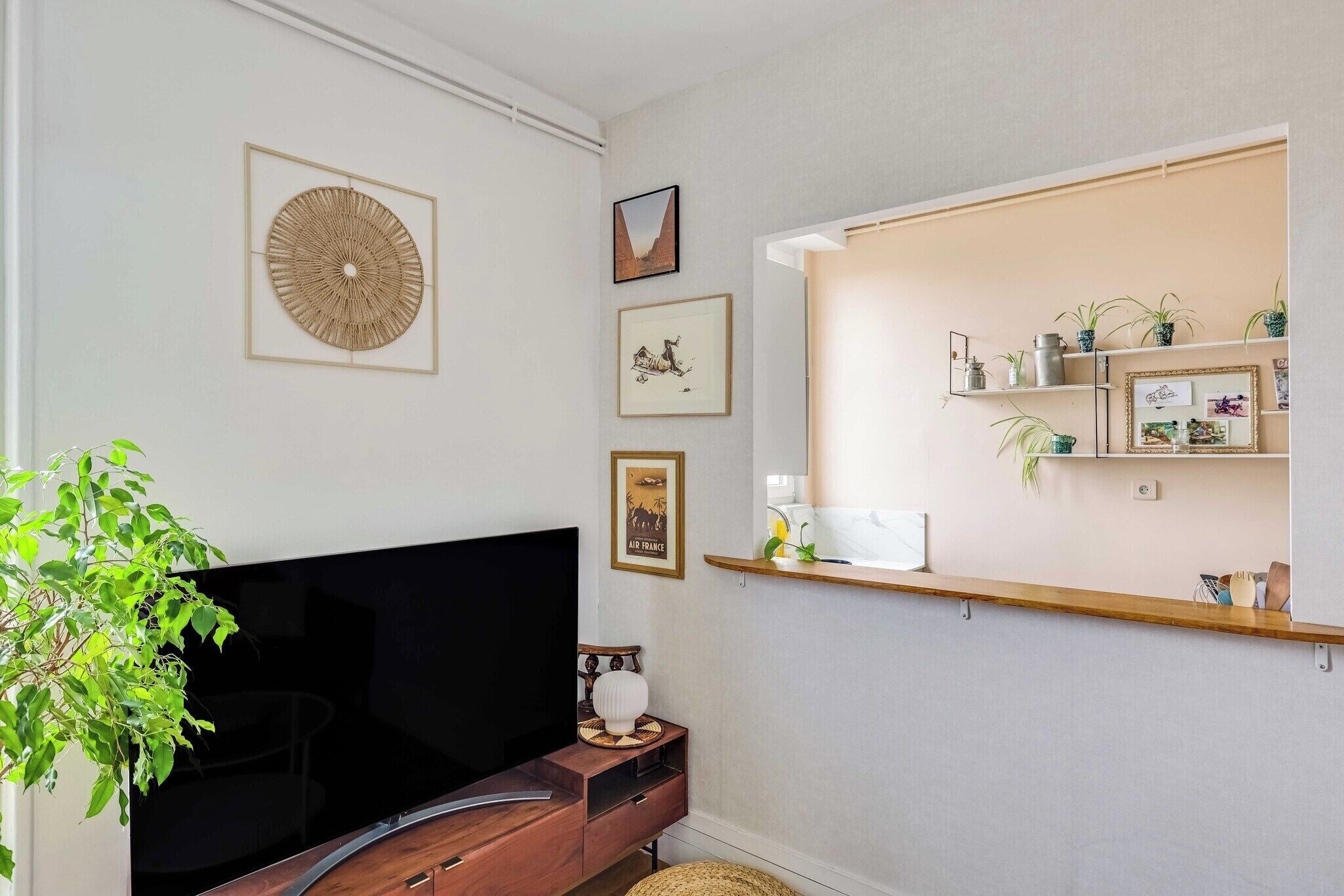 A living room with a flat-screen TV, wall-mounted shelves, framed pictures, and a potted plant.