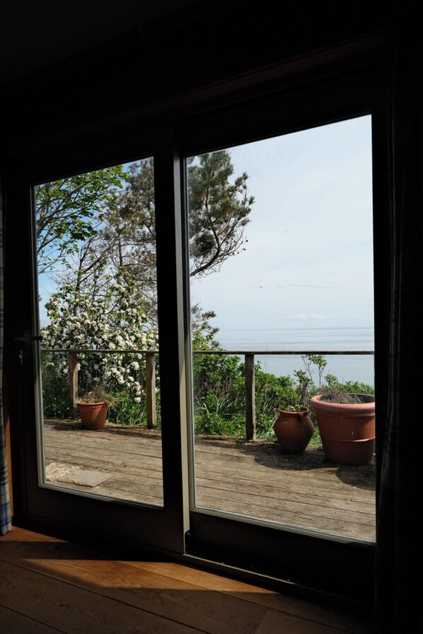 Blick durch eine Glastür auf eine Terrasse mit Pflanzkübeln und Holzboden.