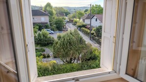 Blick aus dem Fenster auf eine Wohngegend mit Häusern, einer Straße und Grünflächen.