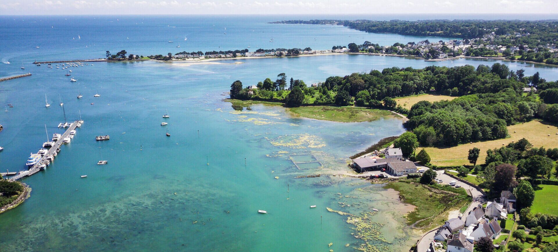 Vue aérienne d’une zone côtière avec un port de plaisance, des bateaux et des immeubles résidentiels.