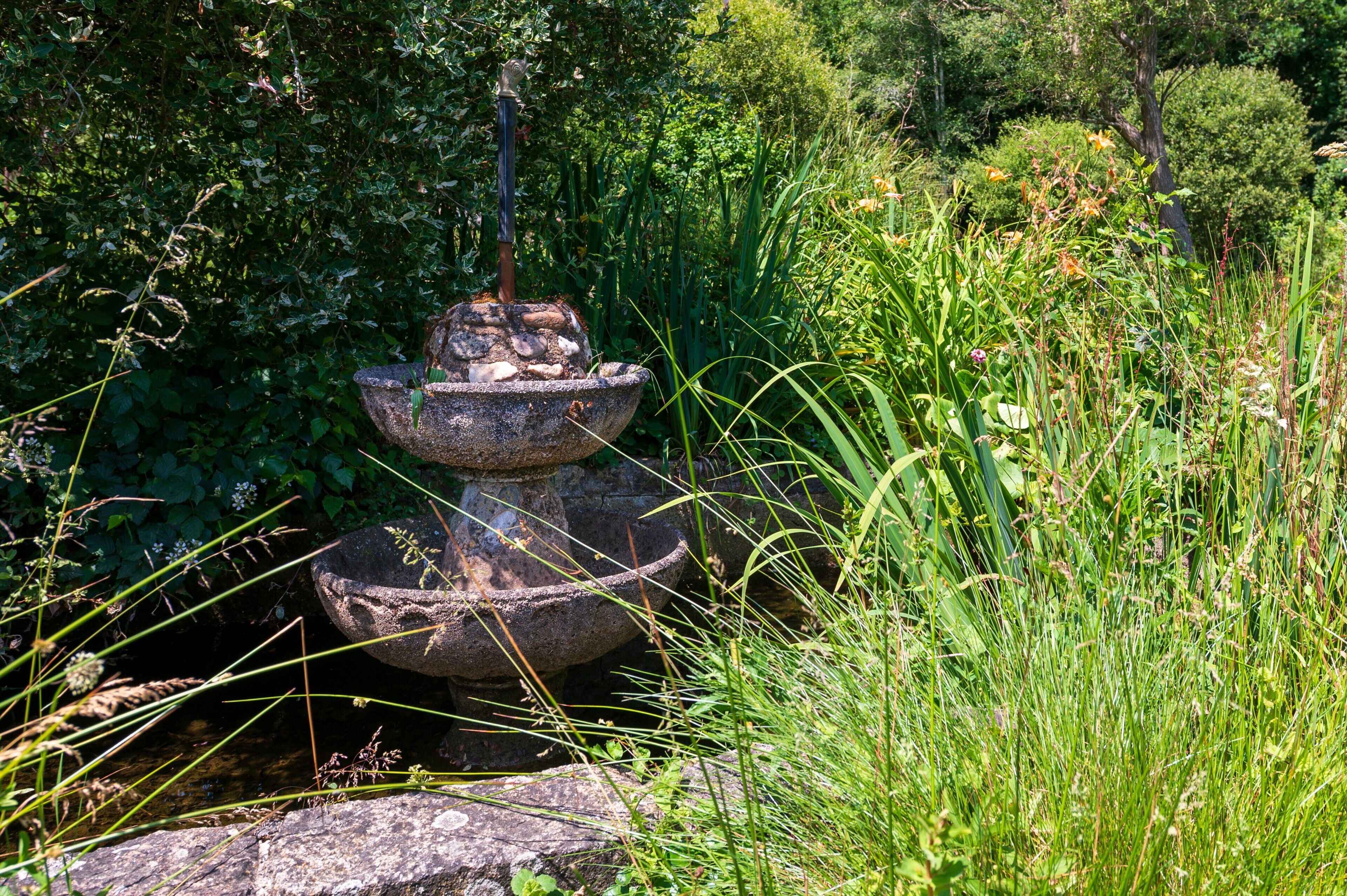 A rustic outdoor water feature with a tiered stone basin and a central spout, surrounded by lush greenery.