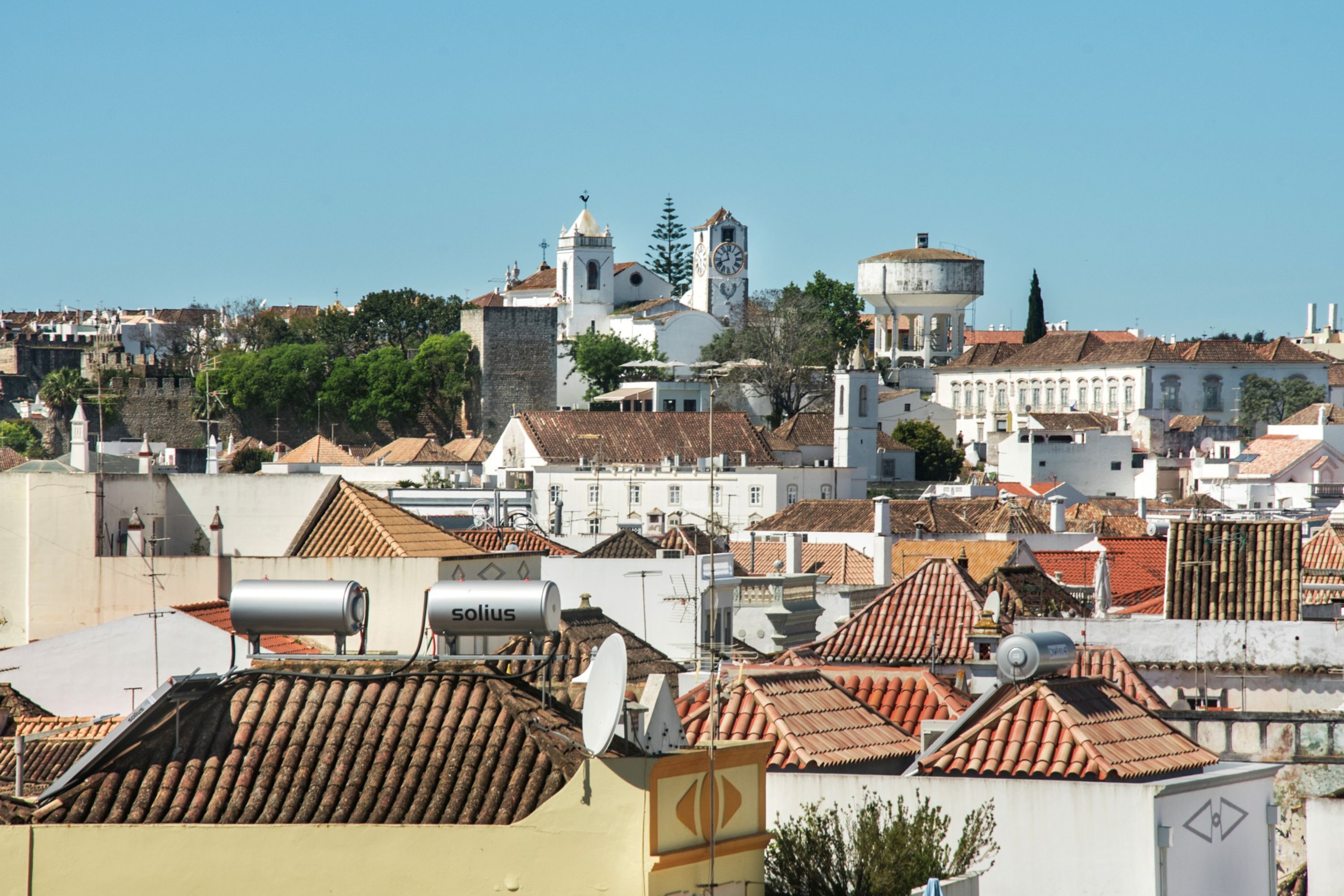 A cityscape with historical buildings, a prominent clock tower, and a water tower.
