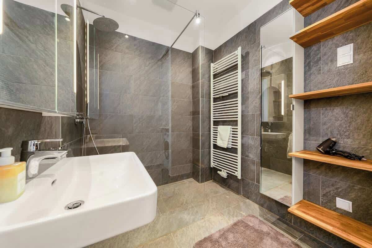 Shower, hair dryer, shampoo