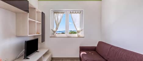 Una habitación con televisión sobre un mueble bajo, un sofá, una ventana con cortinas y techo verde.