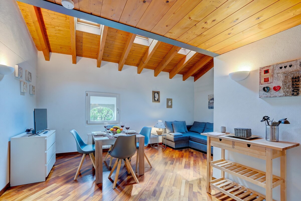 A cozy room with a wooden ceiling, a dining table with chairs, a sofa, and a small desk with a lamp.