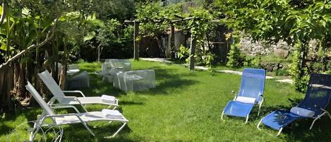 A backyard with a pergola, two blue lounge chairs, and a white chair.