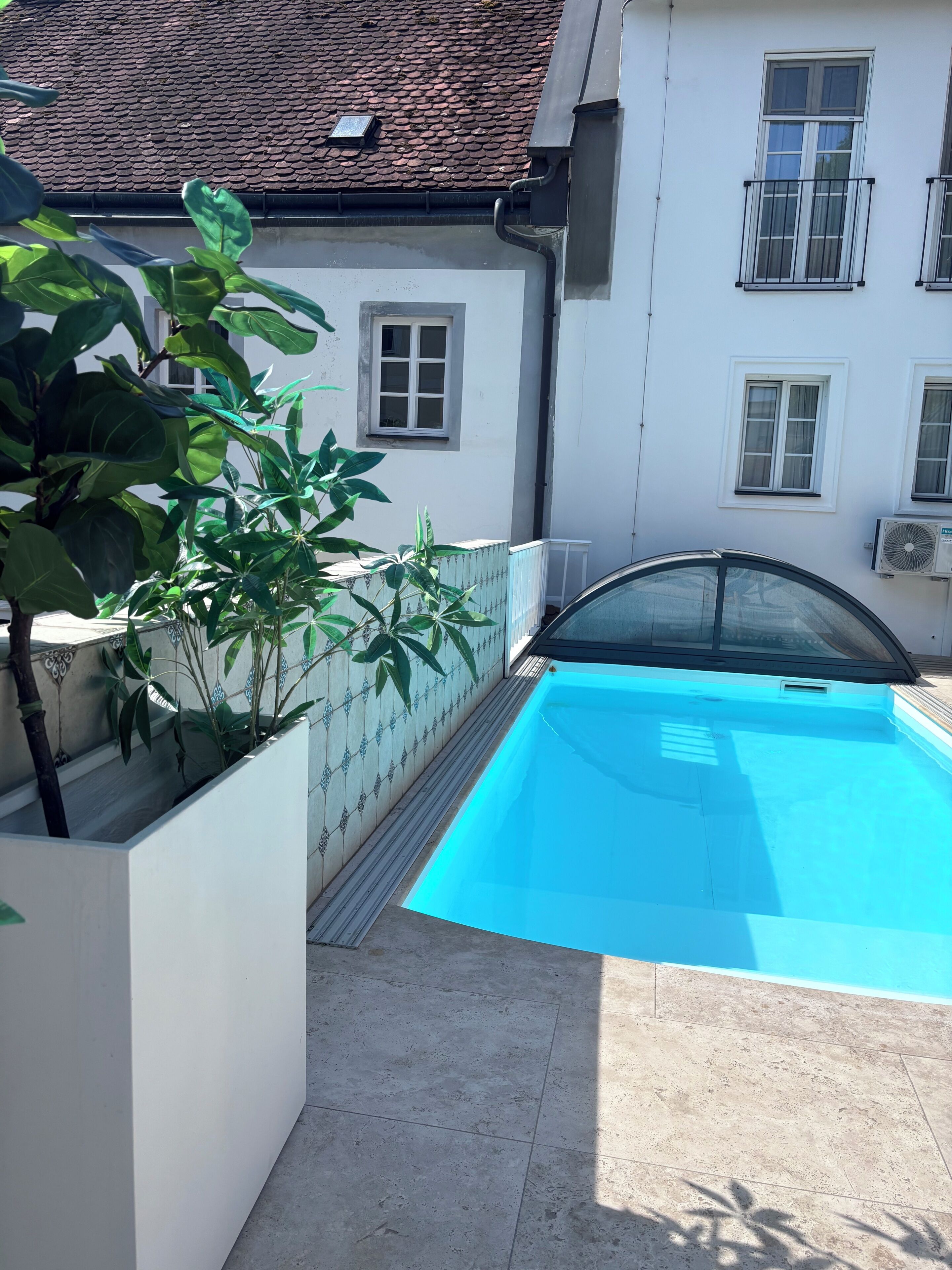 Una piscina con borde de baldosas, rodeada por un muro blanco y plantas en macetas.