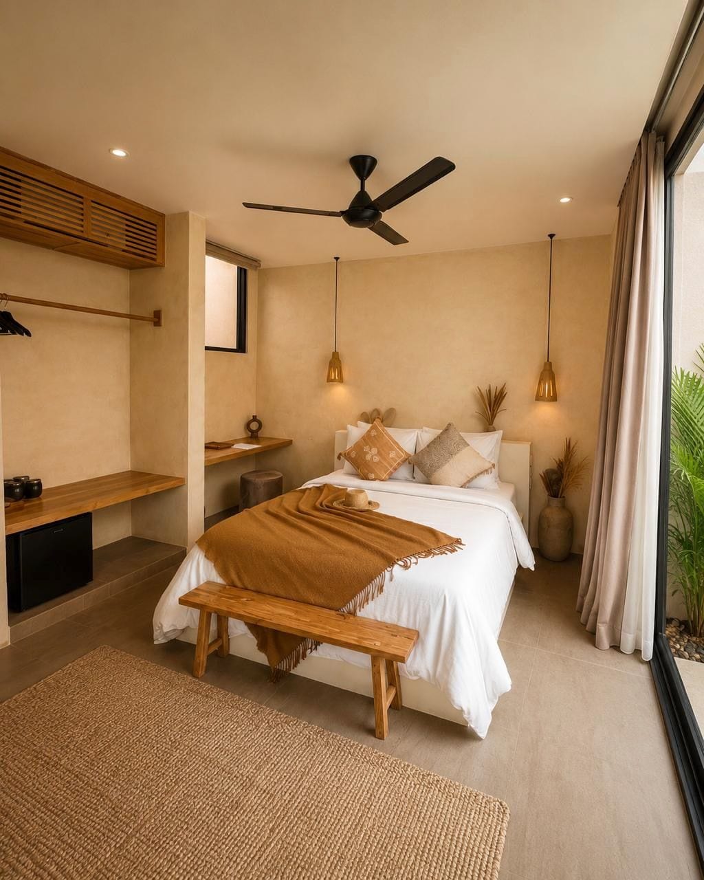 A bedroom with a bed, bedside tables, a bench, a ceiling fan, and a large window.